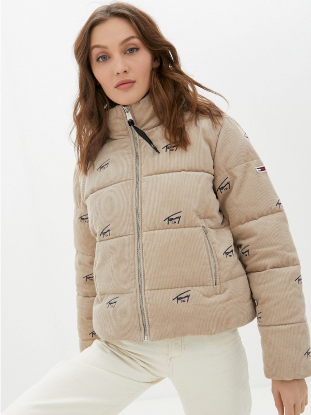 Tommy Hilfiger Corduroy Puffer | Beige All-Over Print Jacket Size S